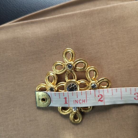 Vintage Gold Tone Celtic Style Scroll Twisted Cross Brooch w/ Clear Rhinestones - Picture 4 of 4